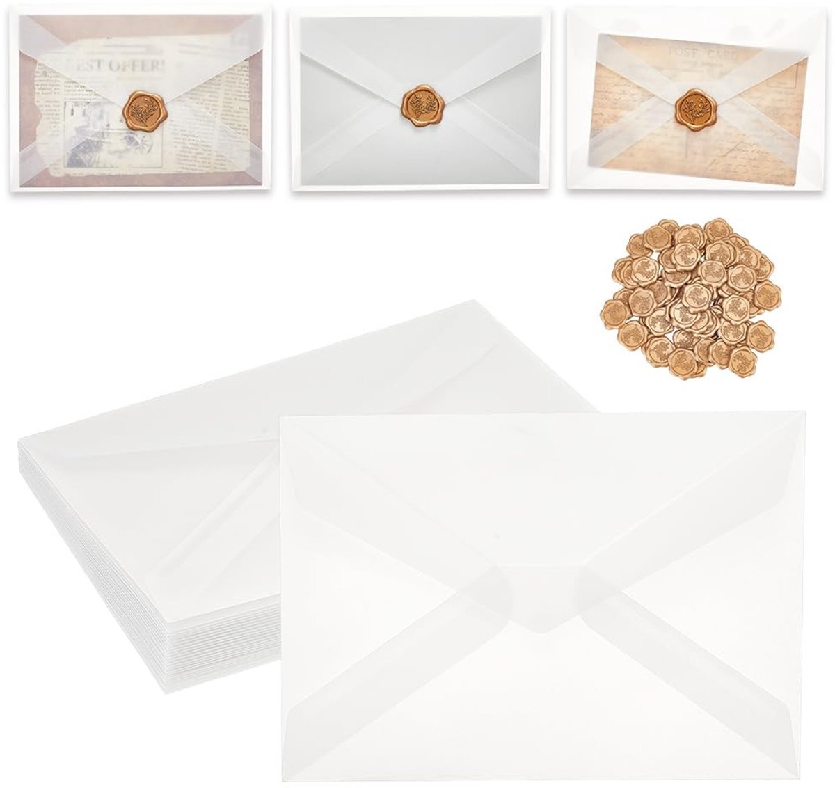 Dailygoods- Vellum Enveloppen 60 Stuks - Zelfklevende Zegel Stickers - Doorschijnende Enveloppen - Bruiloft/Verjaardag - Opbergdoos - 124 x 175 mm