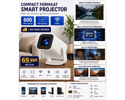 Nieuwste Draagbare 4K Android 14 Projector – Beamer met 600 ANSI Lumen, Auto Focus, Dual WiFi & Bluetooth 5.0 – 150 Inch Home Cinema Projector
