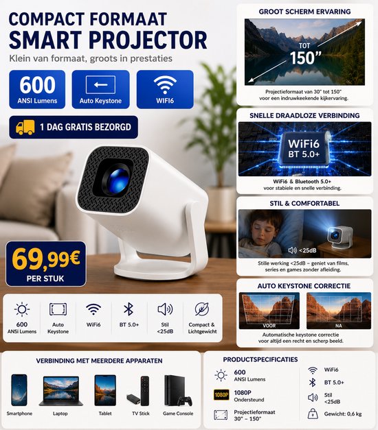 Nieuwste Draagbare 4K Android 14 Projector – Beamer met 600 ANSI Lumen, Auto Focus, Dual WiFi & Bluetooth 5.0 – 150 Inch Home Cinema Projector