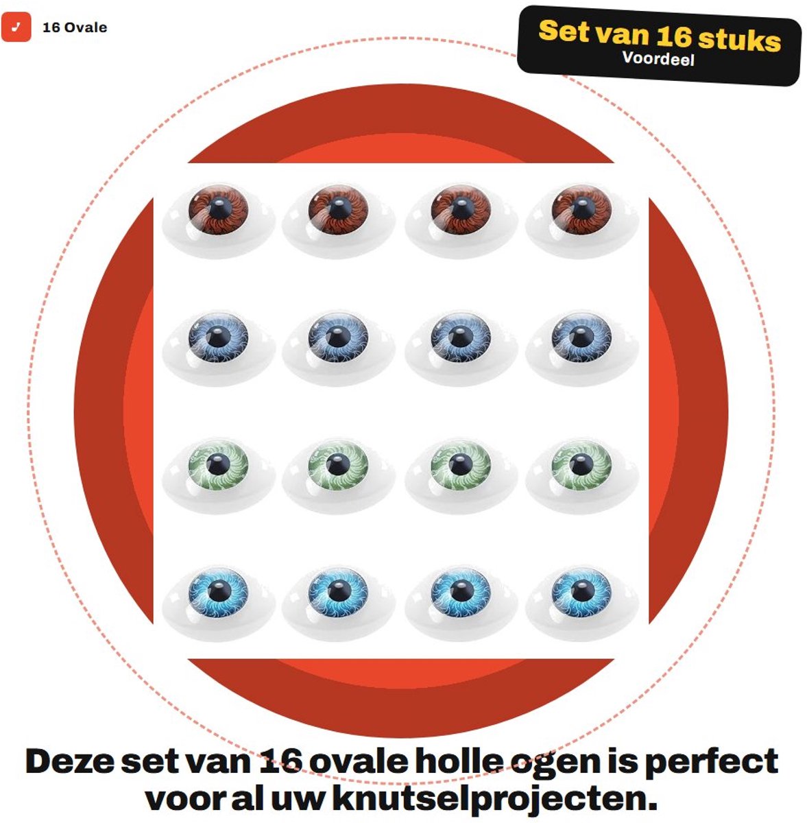 Dailygoods- Ogen 16 Stuks - Ovale Kunststof Ogen - Kleurrijke Decoratieve Ogen - Veilig voor Kinderen - Groot Formaat 23mm x 16mm x 9mm - Speelgoedoog