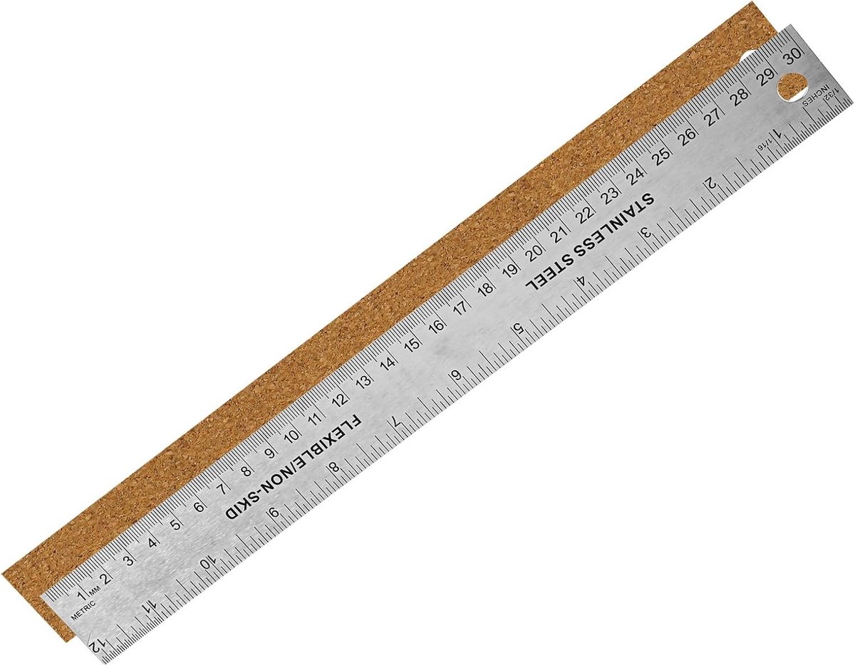 Metalen Linialen - Meetlatten - Precisie Meten - Kurken Antislip Achterkant - 30 cm - Zilver Bruin
