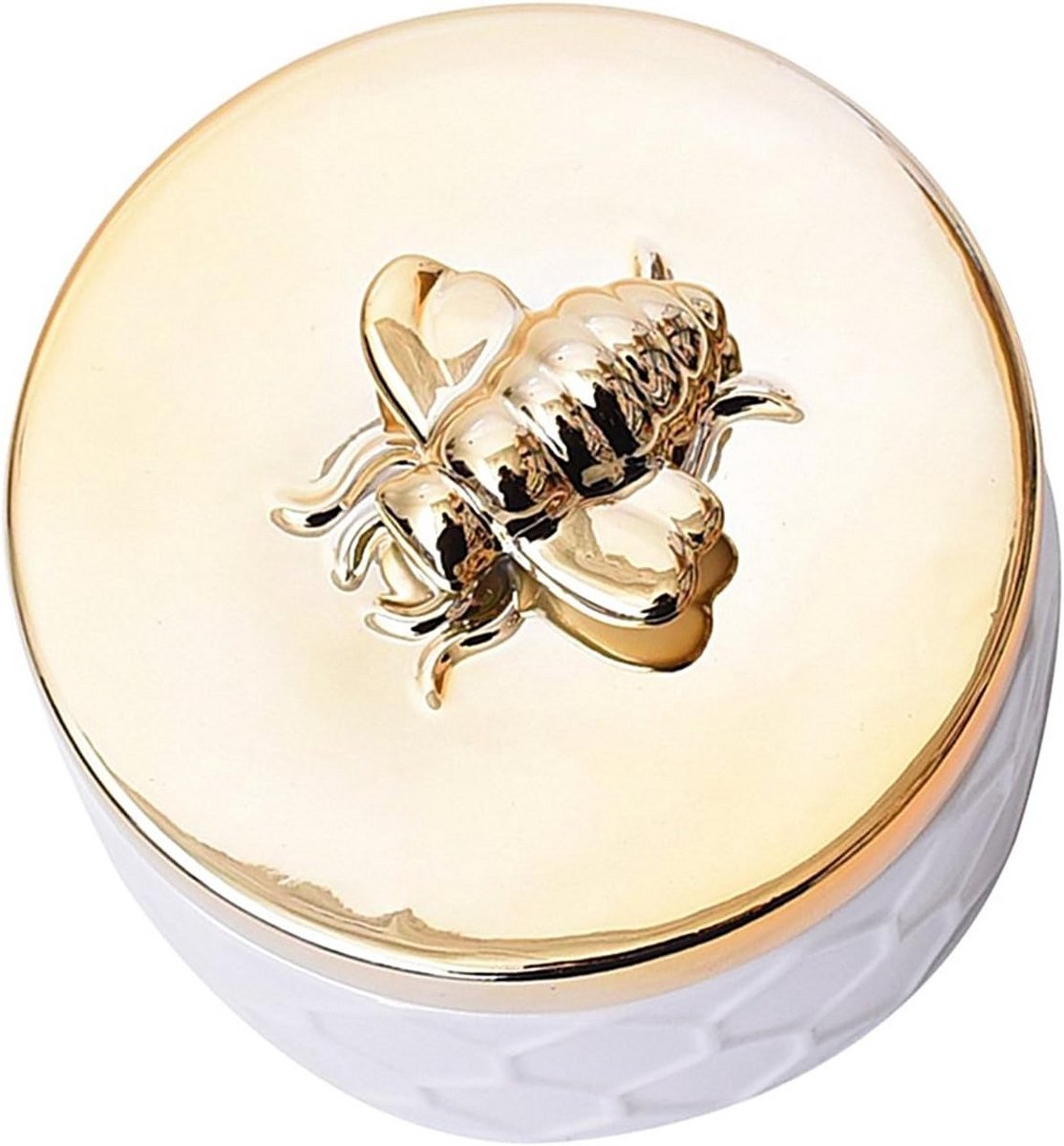 Keramische Sieradendoos - Opbergbakje Decoratie - Sieraden Opbergen - Gouden Bij Lid - 10.5 cm Diameter - Wit