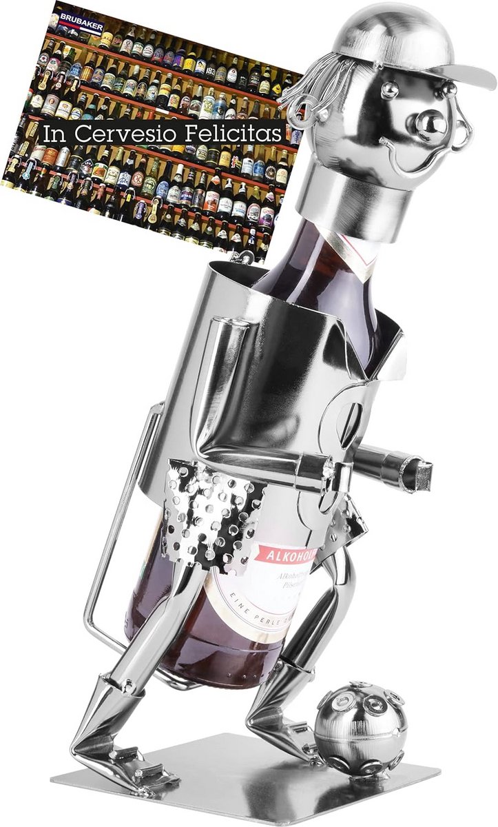 Fleshouder Voetballer - Metal Sculptuur - Feestelijke Decoratie - Met Cadeaukaart - 19 cm Hoog - Metaal