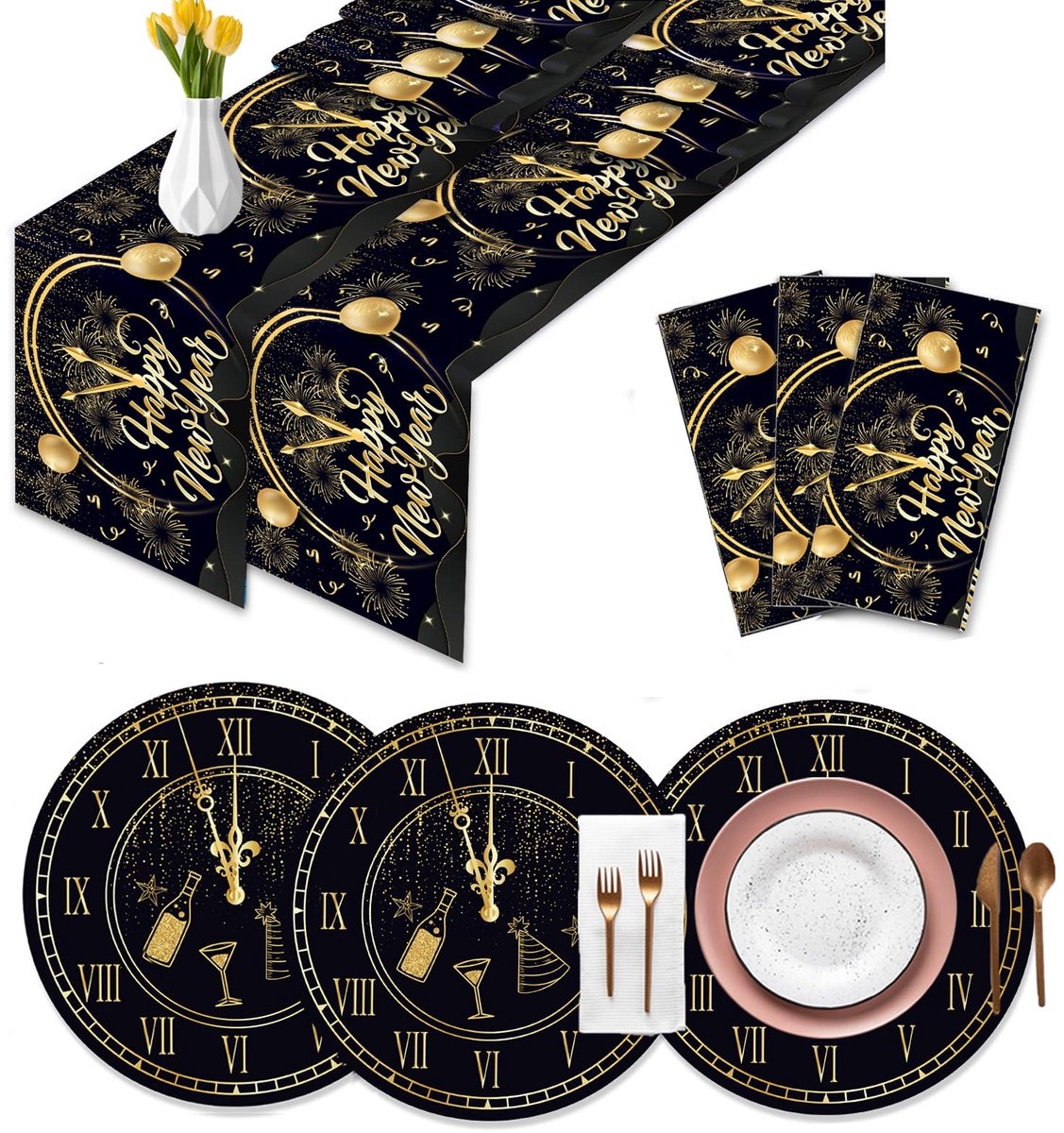 Dailygoods- Placemat Wegwerp - Tafelset - Tafeldecoratie - Oudejaarsavond - Zwart/Goud - Kunststof - Tafelmat