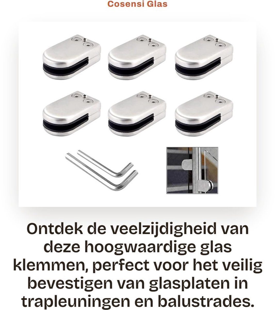 Dailygoods- Glasbeugels 6 Stuks - Verstelbare Glasbeugel - Roestvrij Staal 304 - Voor 6-8mm Glas - Inclusief Inbussleutels - Makkelijk te Installeren - Glasclip