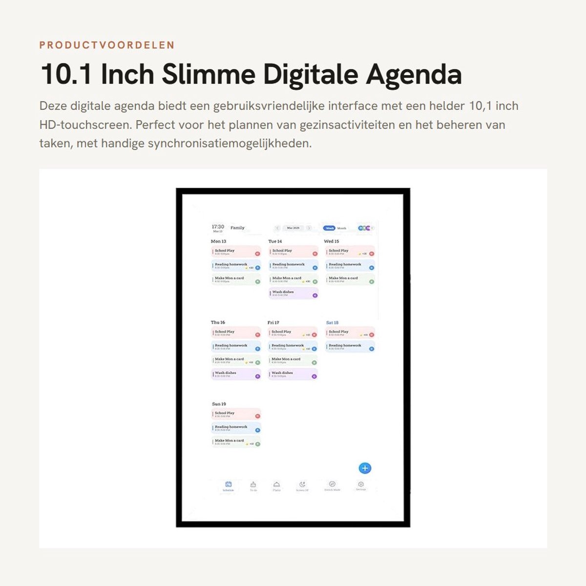 Dailygoods- Digitale Agenda 10,1 Inch HD Touchscreen - Digitale Kalender - Kalenderklok - Familieplanner - Eetplanning - Synchronisatie met iCloud