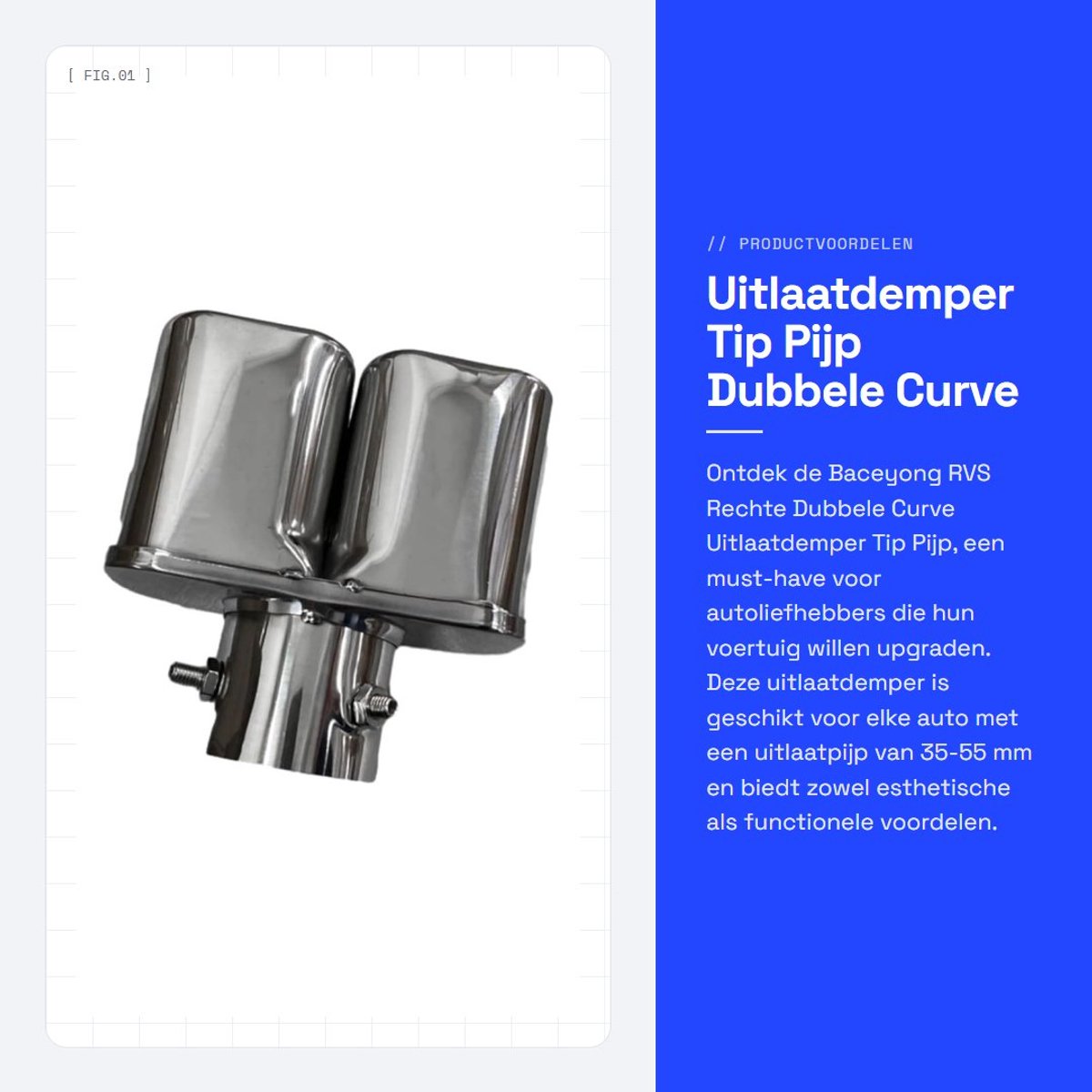 Dailygoods- Uitlaatdemper RVS - Rechte Dubbele Curve - Tip Pijp - Voor Auto - Diameter 35-55mm - Schokbestendig - Uitlaatpijp