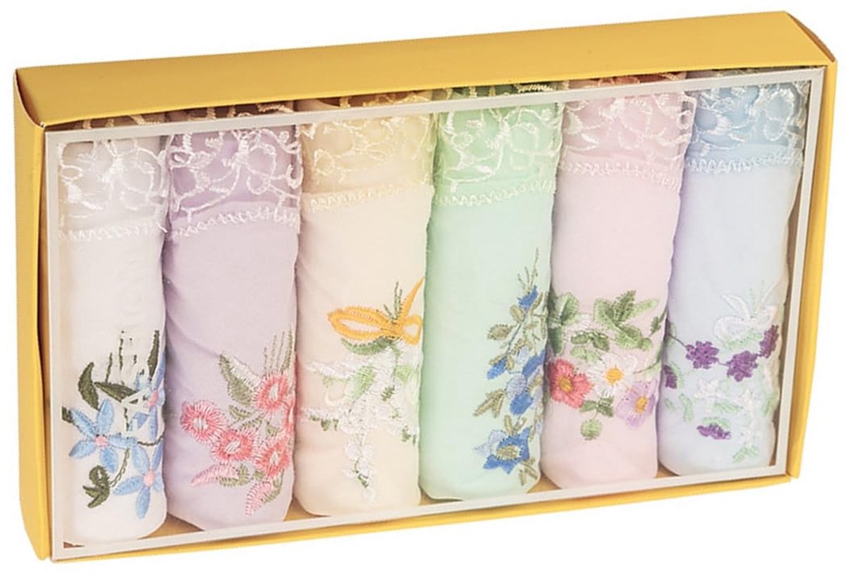 Dailygoods - Set van 6 Biologische Katoenen Zakdoeken met Bloemen en Kant