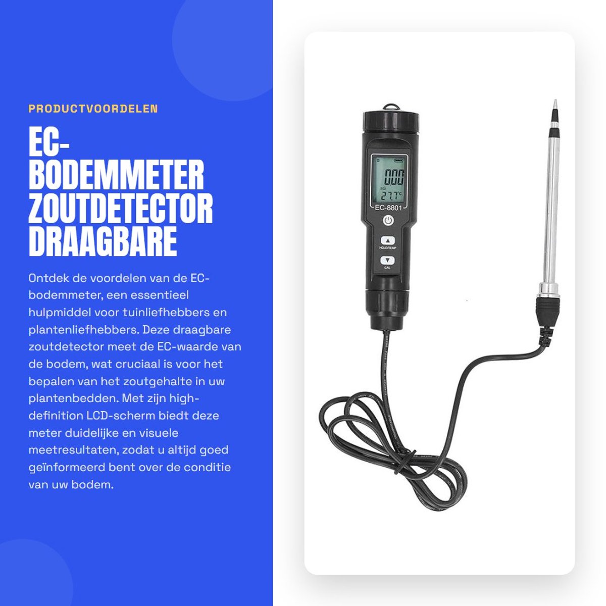 Dailygoods- Bodemmeter Draagbaar - EC-Zoutdetector - Bodemgeleidbaarheidstester - Geschikt voor Tuinieren - LCD-Scherm - Ideaal voor Plantenlandbouw - Grondtester