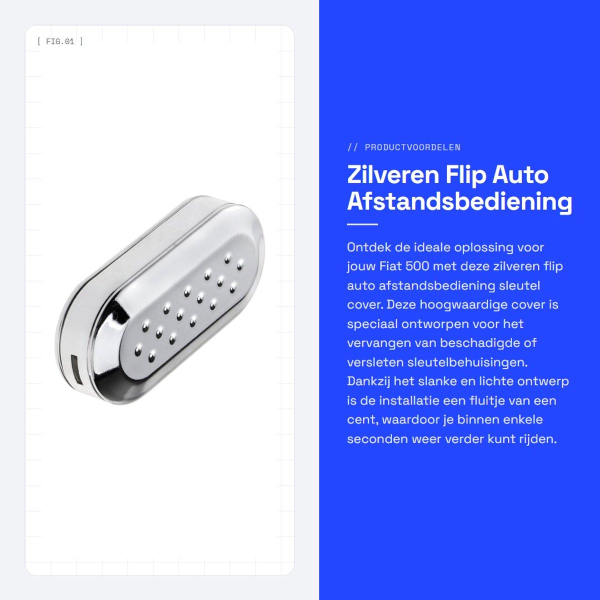 Dailygoods- Afstandsbediening Zilveren Schelp - Fiat 500 Sleutelcover - Vervangingsbehuizing - Rigid Kunststof - Eenvoudige Installatie - Lichtgewicht - Autosleutel