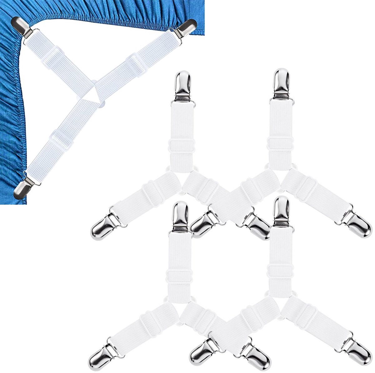 Dailygoods- Bedlakklemmen - Verstelbare Spanners - Elastische Driehoekige Hoesspanners - 4 Stuks - Robuust en Duurzaam - Scheurvast Ontwerp - Lakenclips