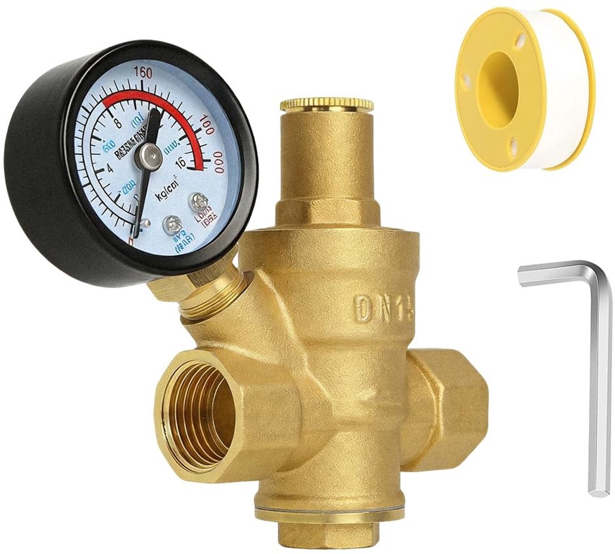 Dailygoods- Waterdrukregelaar 1/2 inch DN15 - Drukregelaar met manometer - Handmatige bediening - Messing - Temperatuur tot 120°C - Inclusief aanpassingssleutel