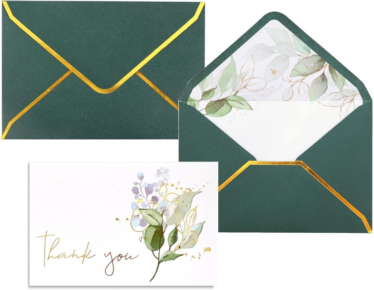 Bedankkaarten met Enveloppen - Gouden Folie Kaarten - Oprechte Dank Betuigen - Watergeactiveerde Afdichting - 36 Stuks 10x16cm - Groen