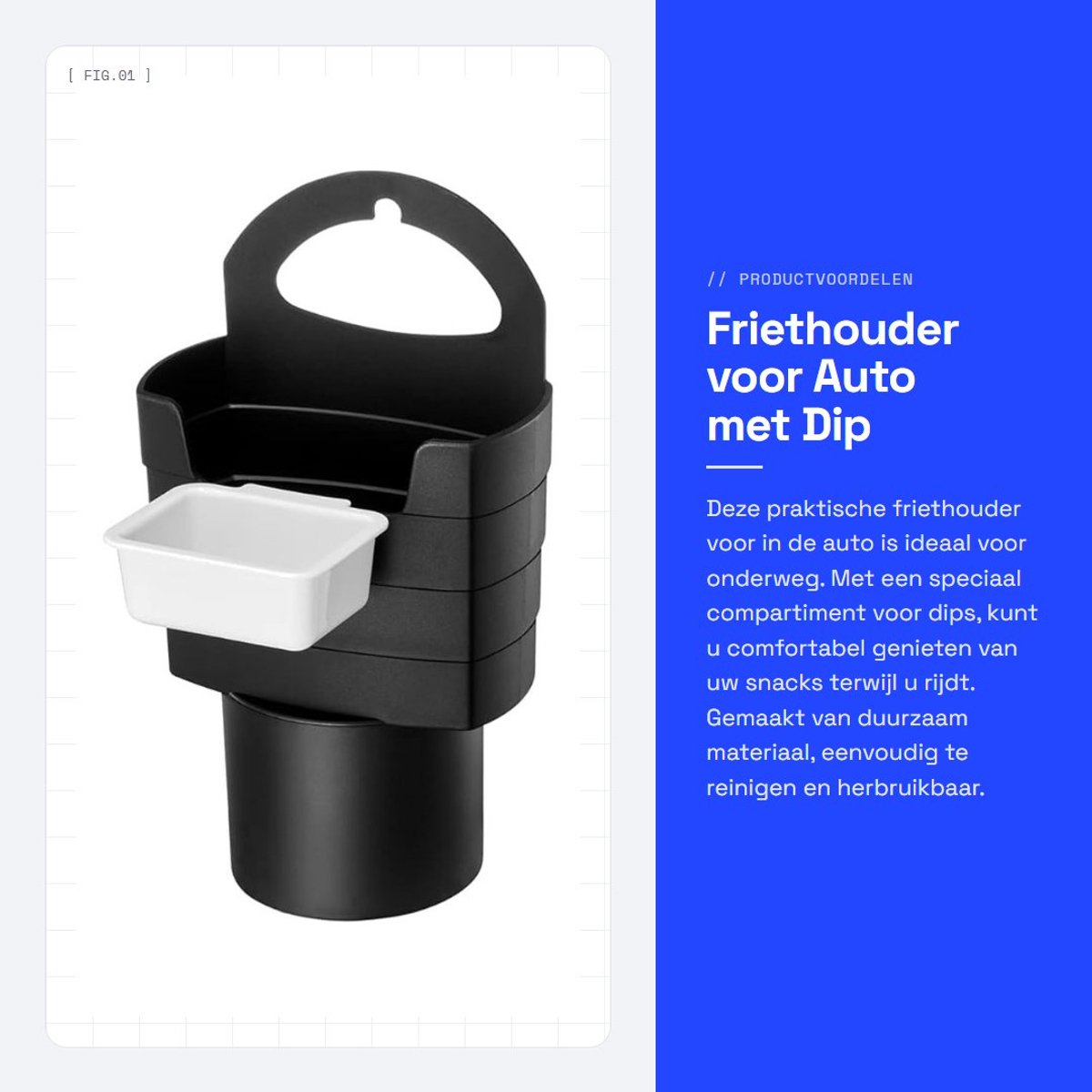 Dailygoods- Friethouder met dip - Auto Organizer - Bekerhouder - Duurzaam PP - Compact 18 x 10 cm - Gemakkelijk te reinigen