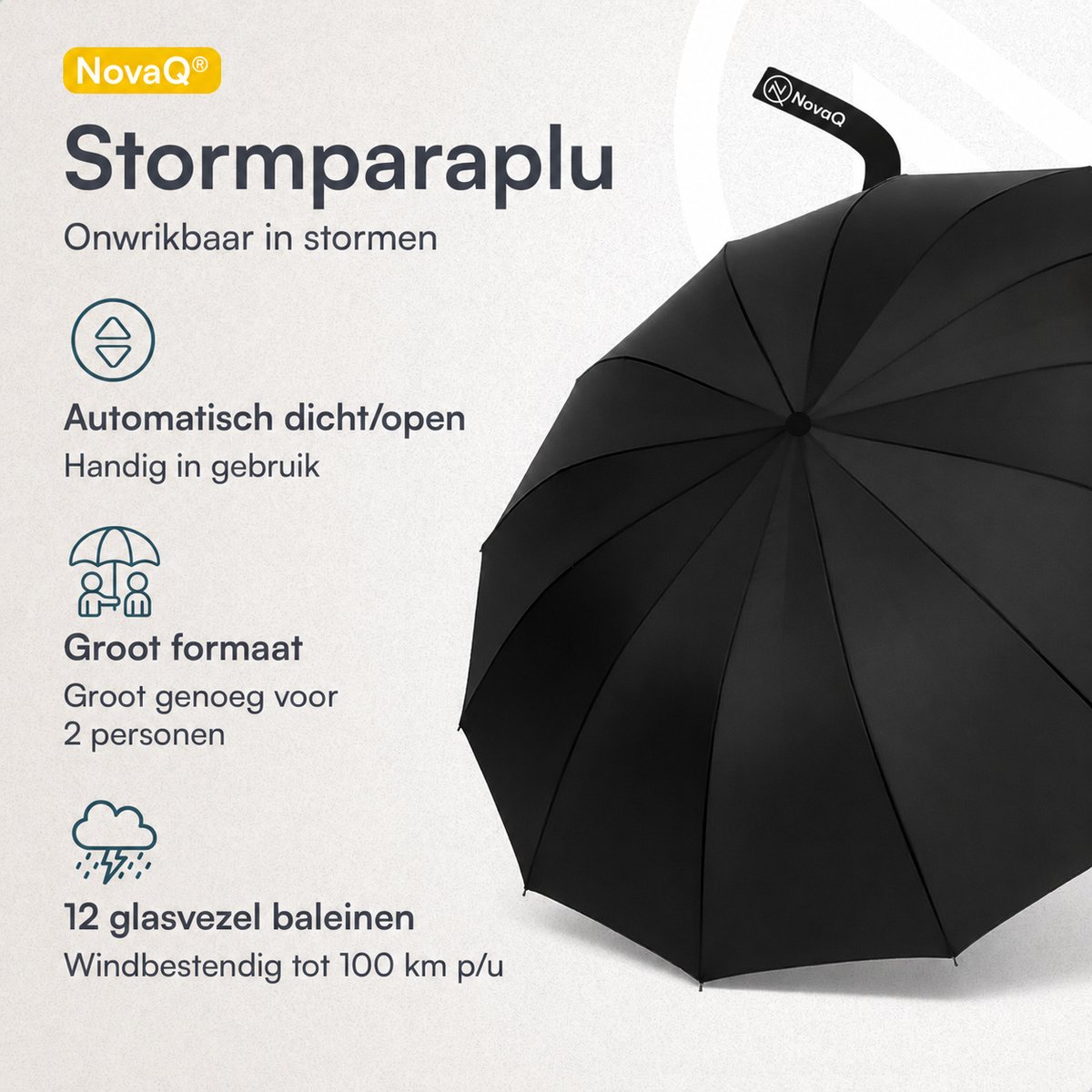 NovaQ Stormparaplu Opvouwbaar met Beschermhoes - Zwart - Grote Paraplu 110 CM - Automatisch Uitklapbaar - Windproof tot 100 KM P/U — cadeau in Cadeau-ideeën - foto 2