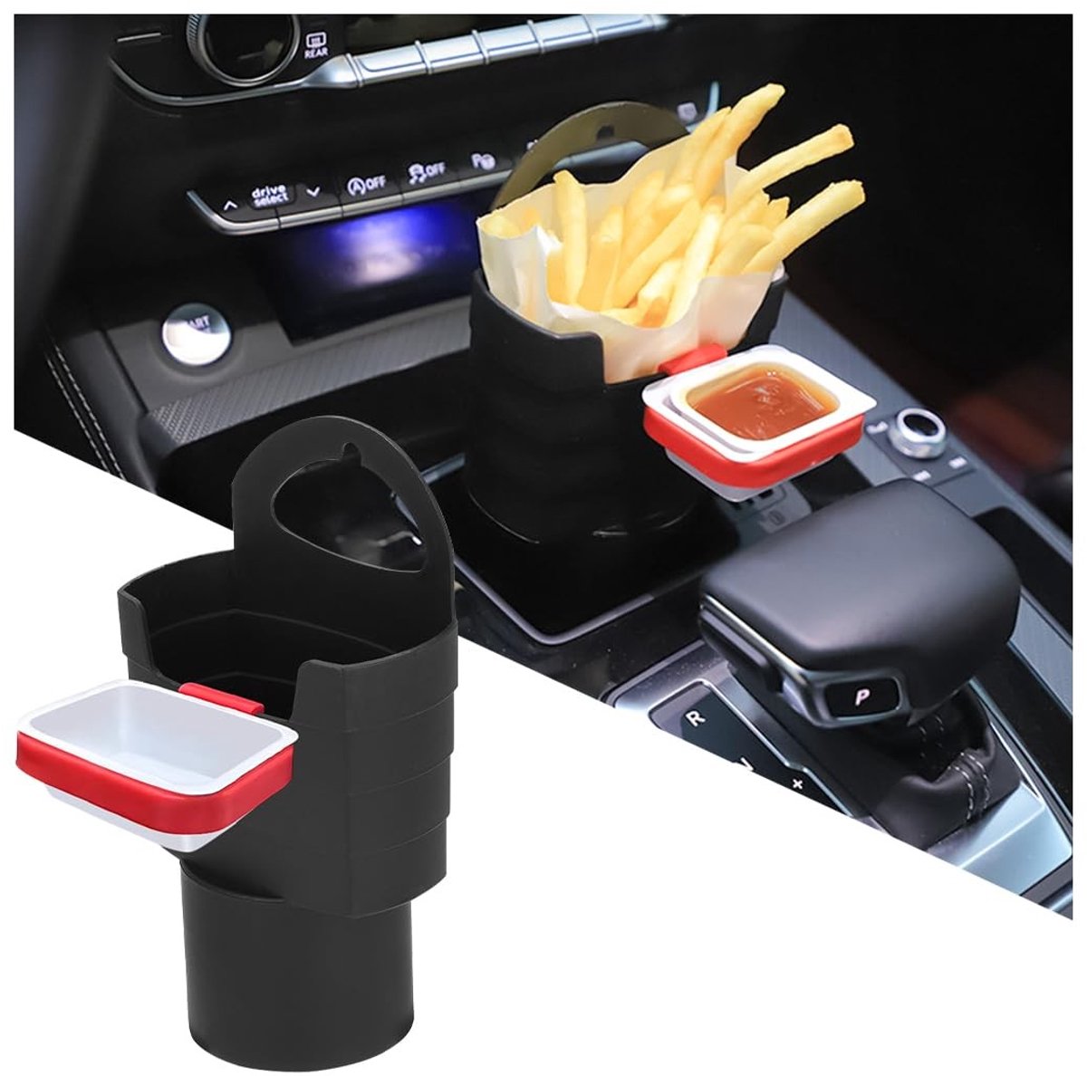 Dailygoods- Frietsbekerhouder Kunststof - Auto Houder - Dipsaus Houder - Chipsrek - Zwarte Bekerhouder - 18,5 x 10,5 x 6 cm - Voedselhouder