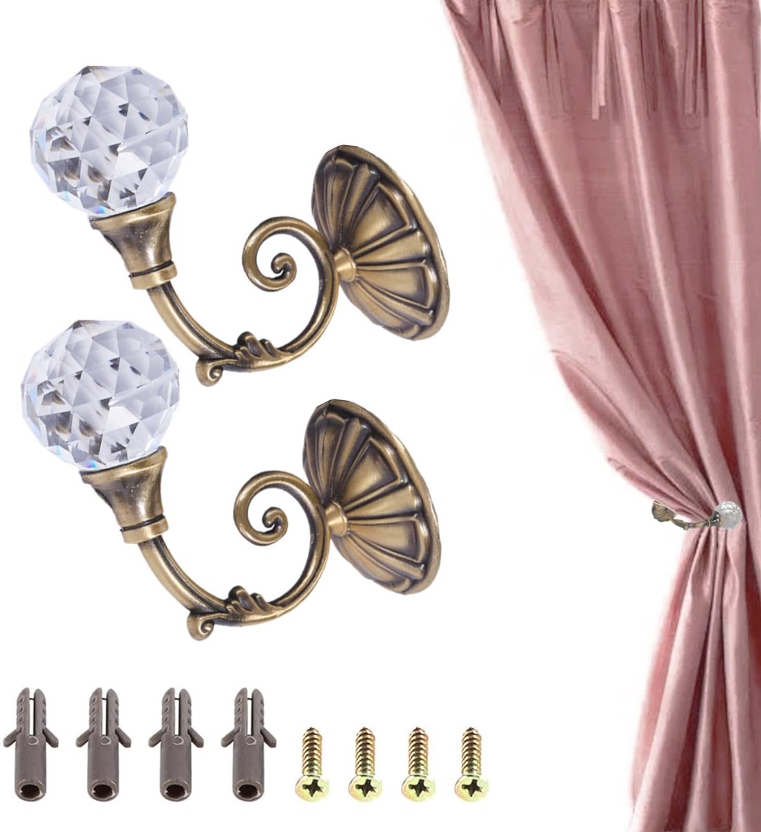 Dailygoods - 2 Stuks Gordijn Tie Backs met Crystal Ball - Metalen Wandmontage voor Home Decor