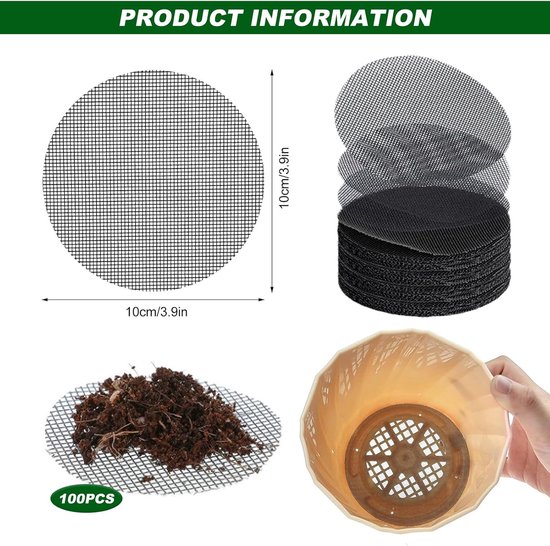 100 stuks - Bloempot Rooster - Bloempotmat 10cm - Bloempotgatgaasmatten - Zwart kunststof drainagegaas voor bloempotten - Anti-lek mat voor bonsai, kamerplanten & tuinplanten - Ronde — afbeelding 2