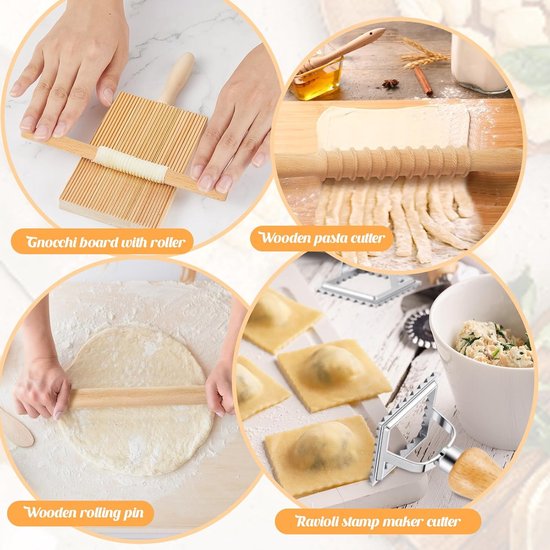 7-delige pastamachine - Wooden Gnocchi Pasta Shelf - Home Pasta Machine - ravioli snijder -ravioli set 3 stuks rond -vierkant stempels en snijder -gemaakt van hout en metaal — afbeelding 2