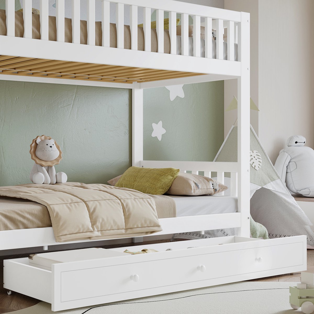 DESMIU Stapelbed 90x200 cm – Kinderbed Met Veilige Rechte Viertraps Ladder – Vierzijdige Bescherming Voor Rustige Nachten – Voor Kinderkamer – Massief Hout En MDF – Wit Natuurlijk – Zonder Matras