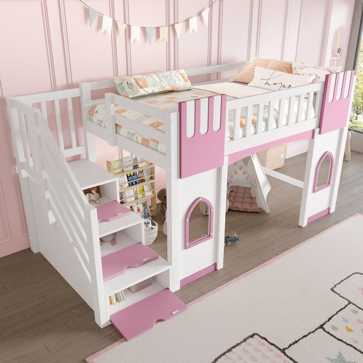 DESMIU Hoogslaper 90 x 200 cm – Bed Met Staartrede En Raam – Met 3 Opbergruimtes En Speelse Uitstraling – Voor Jeugdkamer – Grenen En MDF – Wit Roze – Zonder Matras