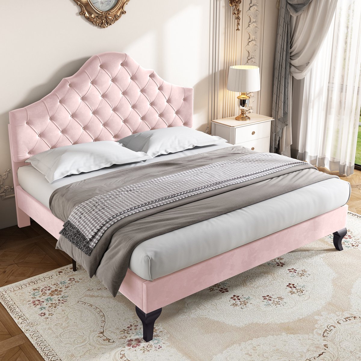 DESMIU Gestoffeerd Bed 140x200cm – Verstelbaar Hoofdeinde – Stabiele Lattenbodem Met Middensteun – Voor Slaapkamer En Jeugd – Fluweel – Roze – Zonder Matras