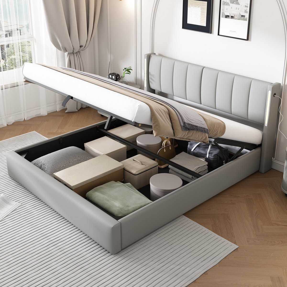 DESMIU Gestoffeerd Bed 140x200 cm - Bed Met Usb-Oplaadpoort En Led-Verlichting - Verstelbaar Hoofdeinde En Opbergruimte Onder Het Bed - Voor Slaapkamer - Pu - Grijs Zonder Matras