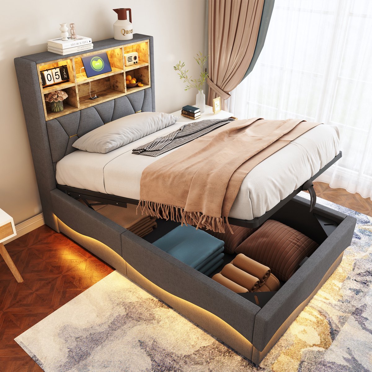 DESMIU Gestoffeerd Bed 90x200cm Zonder Matras Hydraulische Opbergruimte Met Ledverlichting Usb Oplaadpunt Voor Kinderkamer En Jeugdkamer Linnenlook Grijs