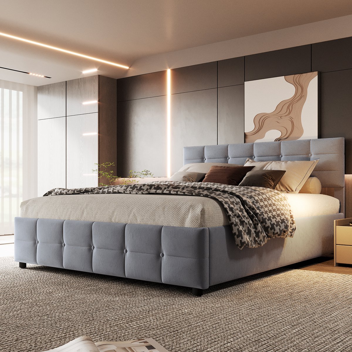 DESMIU Gestoffeerd Bed 180x200 cm – Hydraulisch Hefbed Met Lattenbodem – Opbergruimte Onder Het Bed Voor Studentenwoning En Kleine Slaapkamer – Hollands Fluweel – Grijs – Zonder Matras
