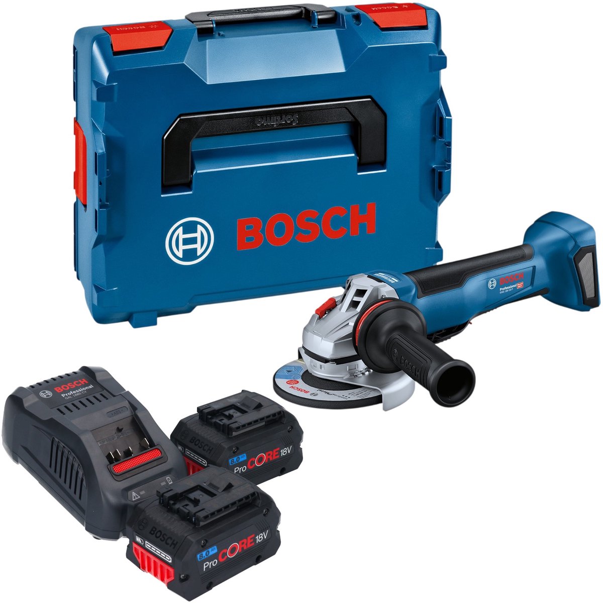 Bosch GWS 18V-10 P Professional accu-haakse slijper 18 V 125 mm borstelloos + 2x ProCORE-accu 8,0 Ah + oplader + L-Boxx