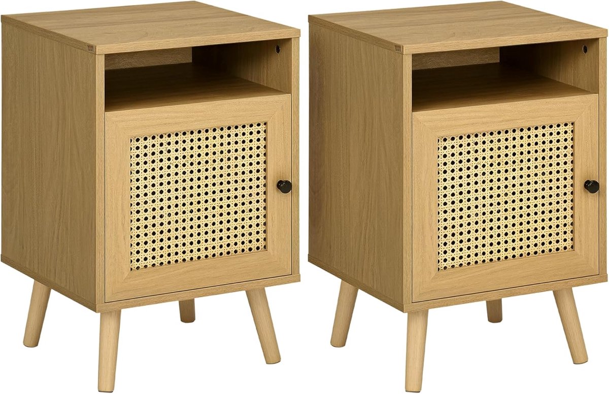 Nachtkastje Set - Bijzettafel Opbergkast - Slaapkamer Opbergen - Rotan Deurpaneel - 60 cm Hoog - Naturel