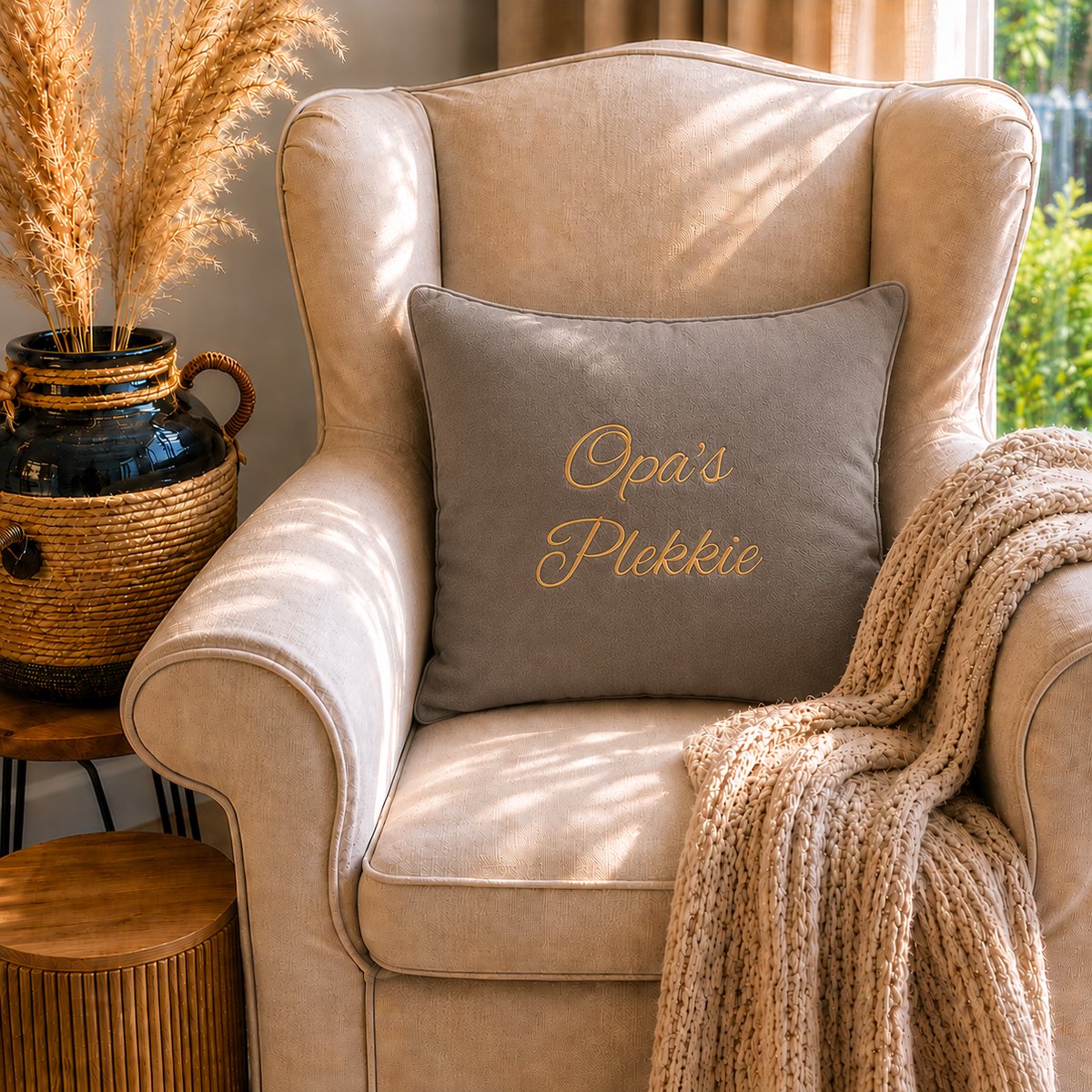 Maison Marcella Kussen Kussenhoes met tekst bedrukt cadeau tekstbord plekje | opa’s plekkie | taupe met opdruk mokka | 45x45 cm | vaderdag verjaardag opa man