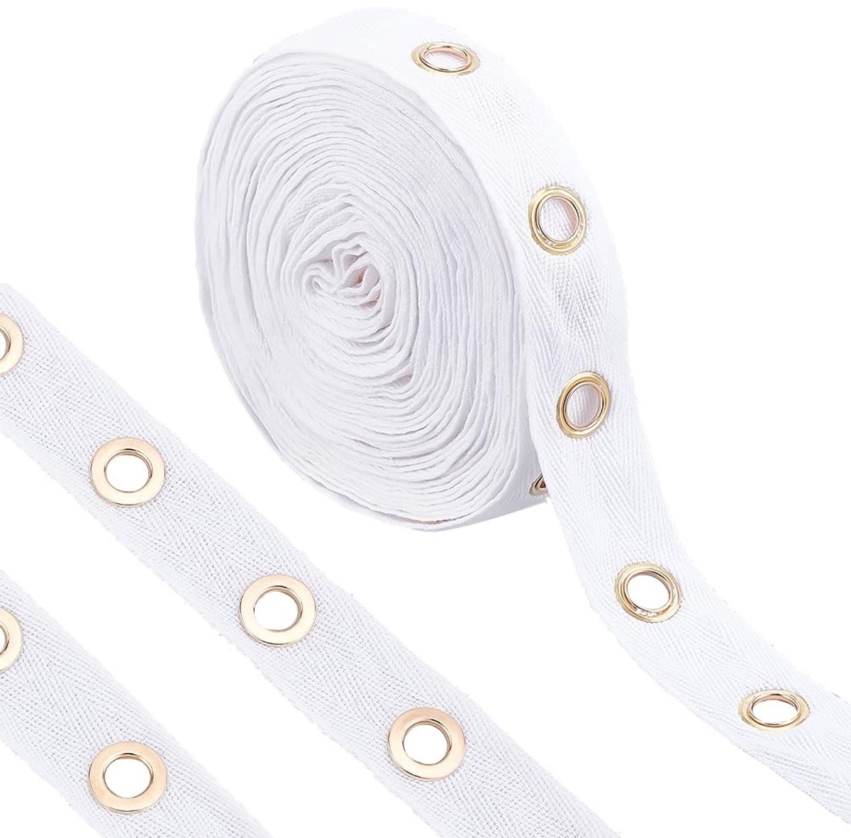 Dailygoods- Twill Tape 6 Yards - Katoenen Lint 25mm - Grommet Oogje 8mm - Licht Gouden Metalen Ring - Flexibel en Wasbaar - Eenvoudig te Naaien - Katoenlint