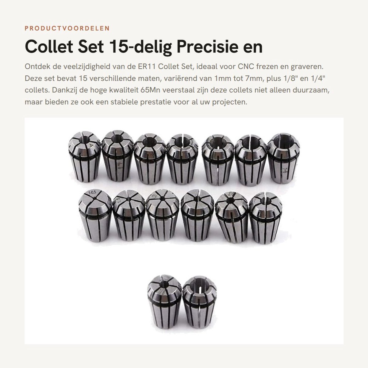 Dailygoods- Collet Set 15 Stuks - 1-7mm/1/8"/1/4" - CNC Freesmachine - Graveermachine - Hoogwaardige 65Mn Veerstaal - Beschermende Verpakking - Frees