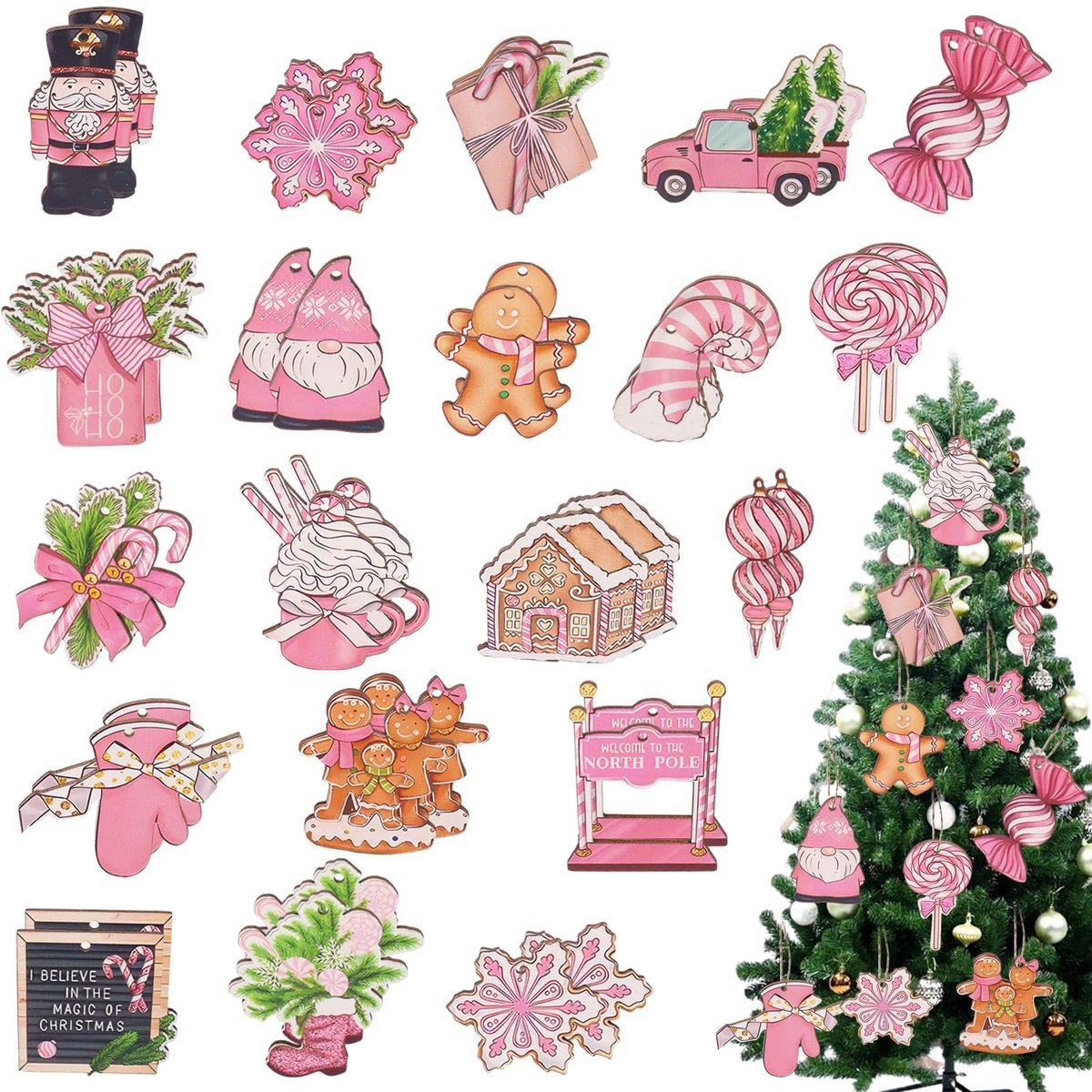Dailygoods- Kerstdecoratie 40 stuks - Roze Houten Kersthangers - Kerstboomversiering - Hangende Decoratie - Festivals/Buiten - Hoogwaardig Hout - Kerstversiering