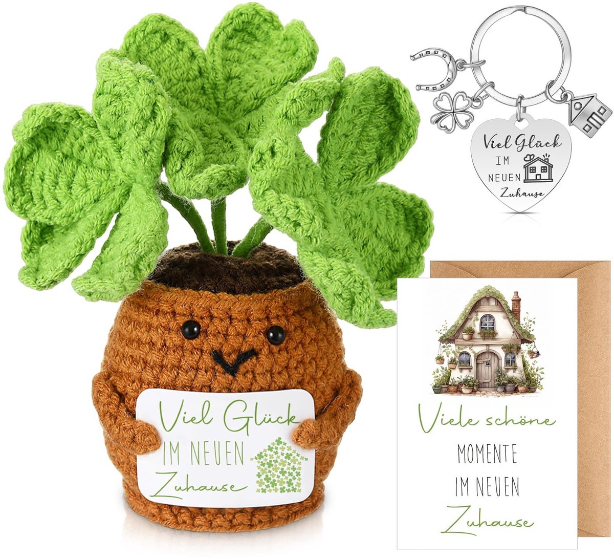 Dailygoods- Sleutelhanger Geluksbrenger - Gebreide Klavertje Vier - Hartvormige Sleutelhanger - Housewarming Cadeau - Creatief Ontwerp - Positieve Energie