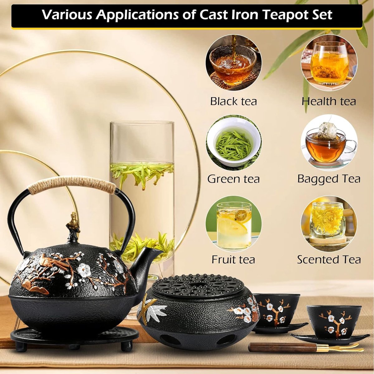 Gietijzeren Theepot Set - Japanse Ketel - Thee Zetten - Met Warmer - 720ml - Zwart