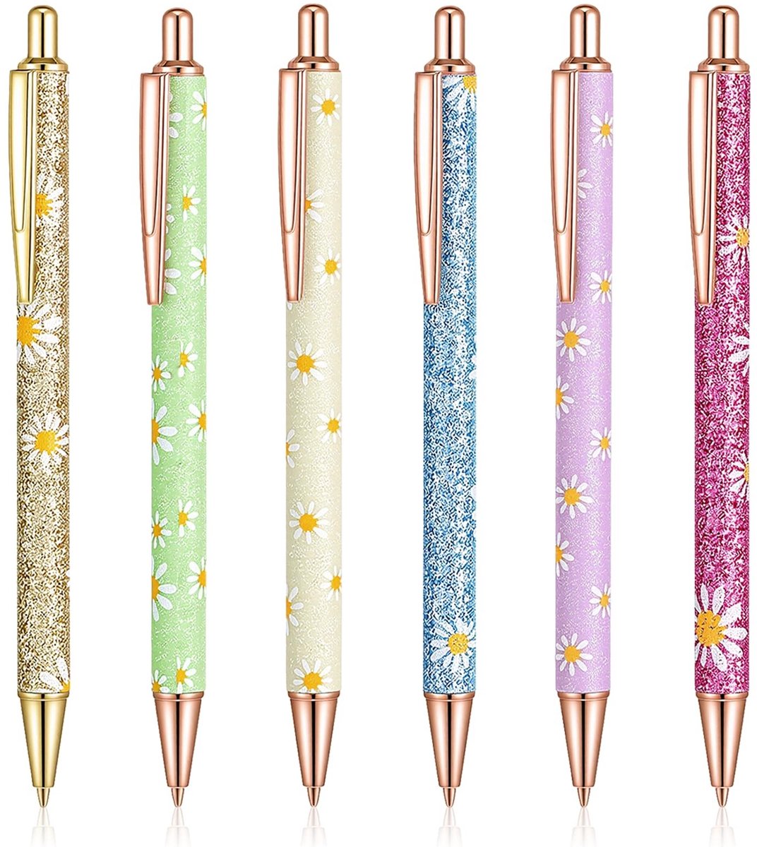 Dailygoods- Balpennen 6 stuks - Intrekbare Bloemengelpennen - Aluminium - Zwarte Inkt - Puntdikte 1 mm - Sneldrogende Inkt - Schrijfpennen