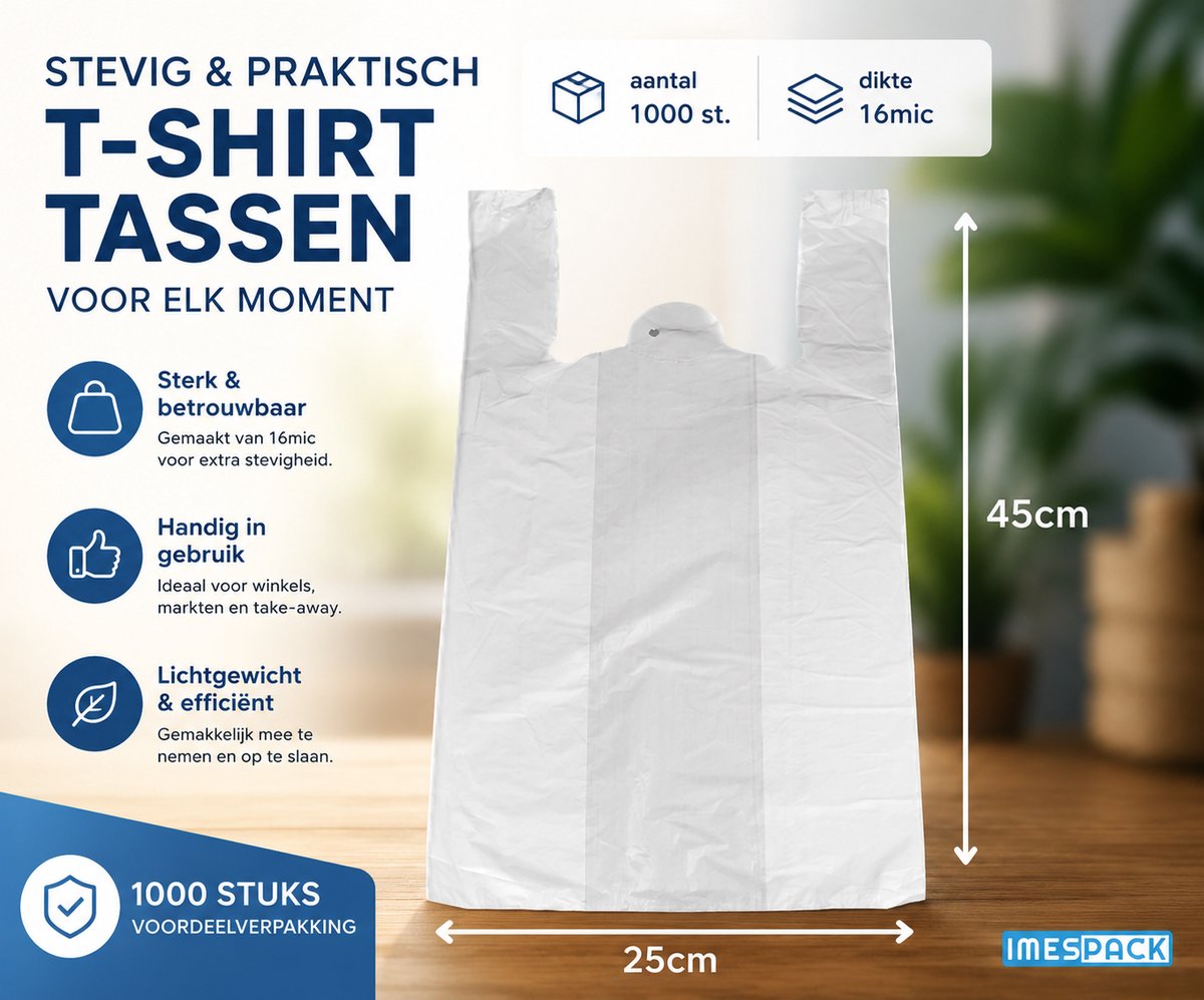 Hemdtasjes - 25+12x45cm - 16mic - Wit - HDPE - 1000 stuks - Winkelzak - Draagtas - Plastic tas - Sterk kwaliteit - IMES PACK