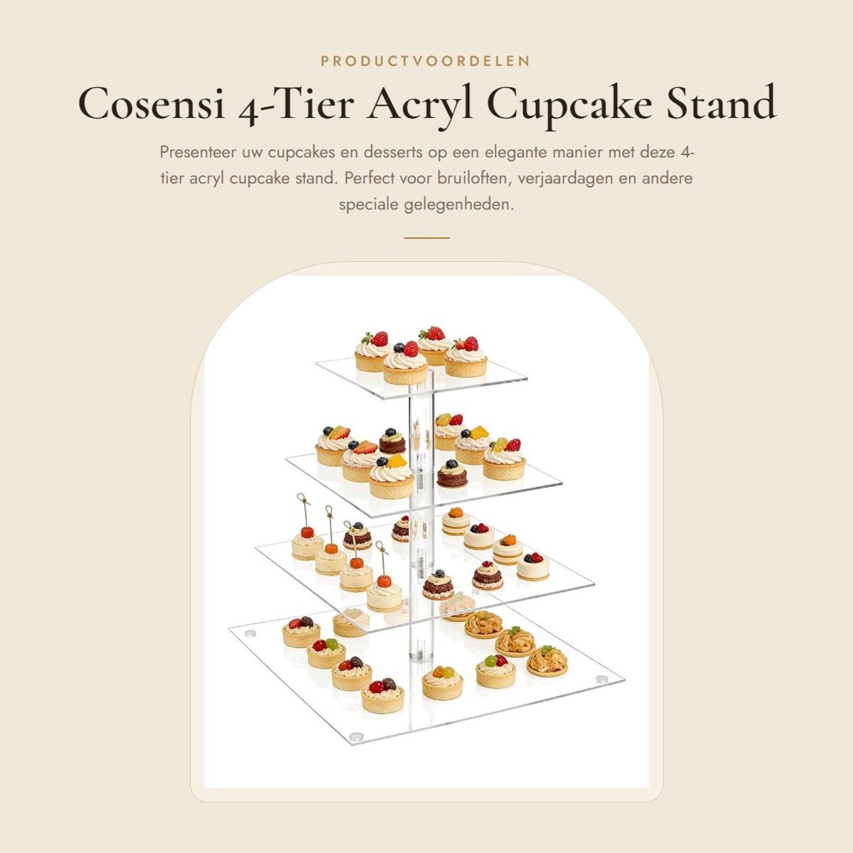 Dailygoods- Cupcake Standaard 4 Niveaus - Vierkante Acryl Taartstandaard - Transparante Displaystandaard - Lichtgewicht - Duurzaam - Eenvoudige Montage
