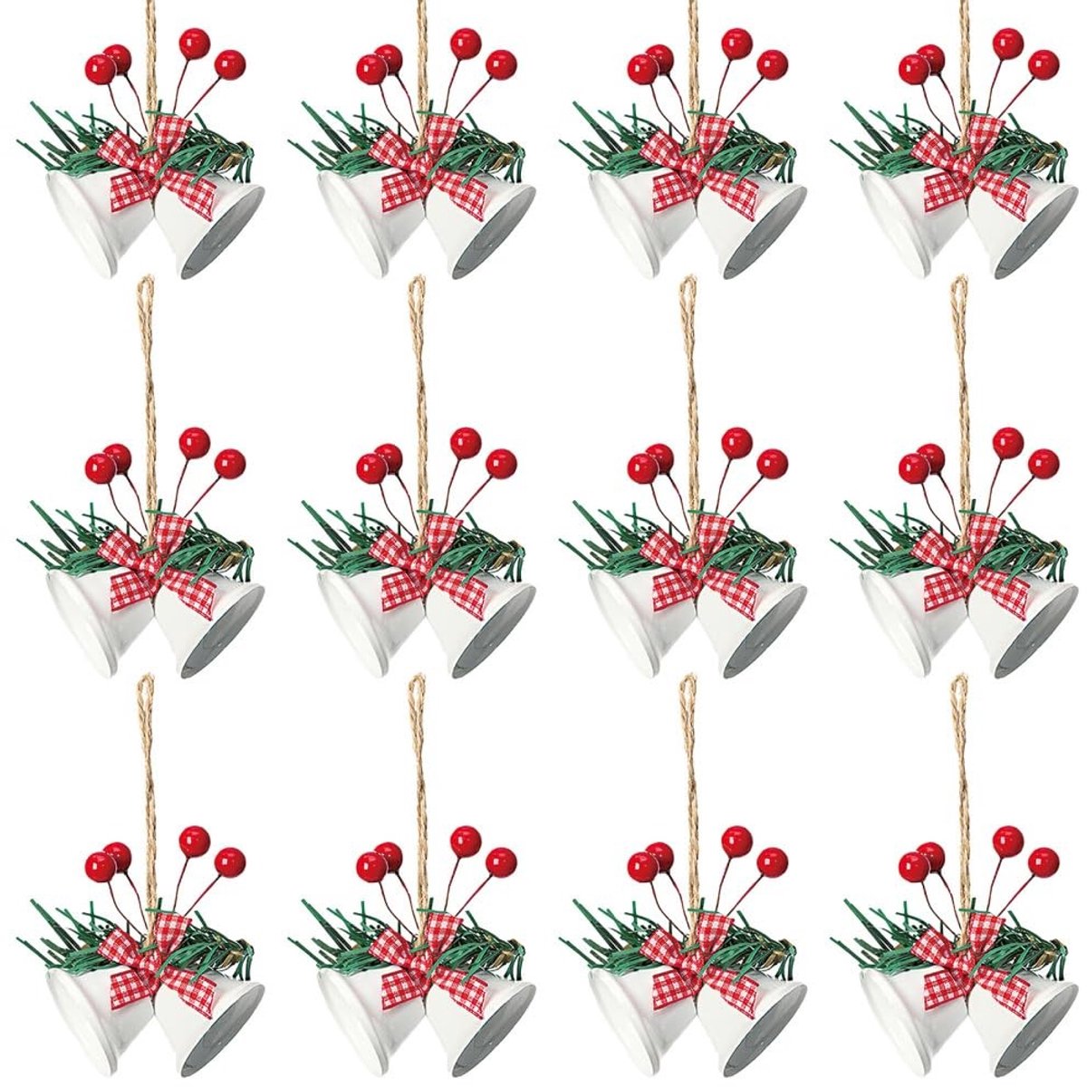 Dailygoods- Kerstklok 12 Stuks - Ornament/Hanger - Metalen Jingle Klokken - Hulstbessen/Strik - Kerstdecoratie - Stevig Ophangkoord