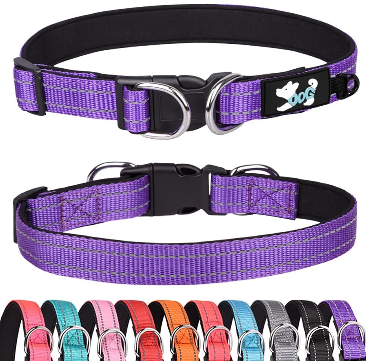 Dailygoods- Halsband Gewatteerd - Verstelbaar - Reflecterend - Hondenhalsband - Maat Large 38-60 cm - Zacht Neopreen - Comfortabel