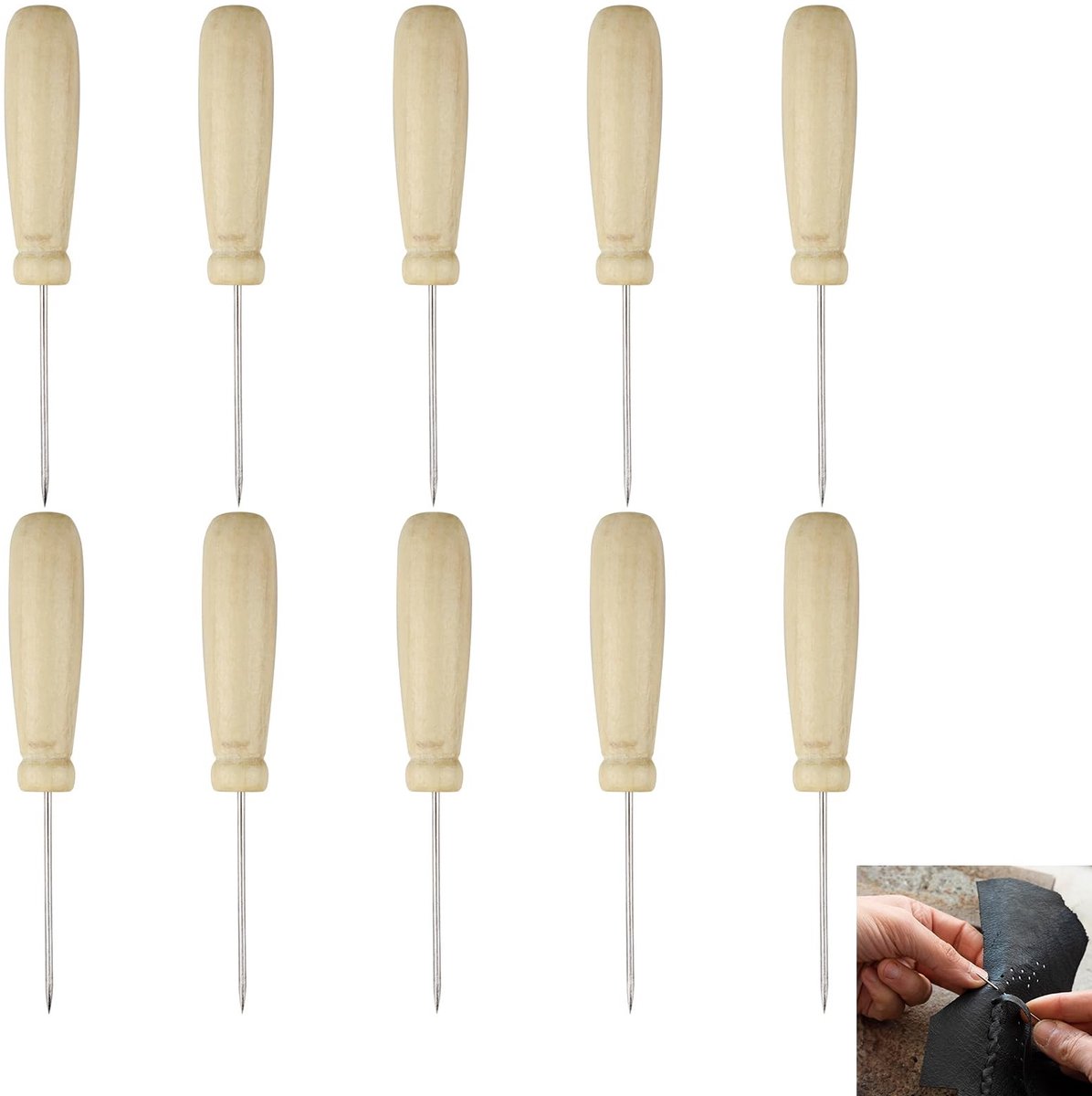 Dailygoods- Priknaald met natuurlijk houten handvat - Creatieve perforaties - 10 stuks - Ergonomische grip - Geschikt voor kinderen - Voor fijne stof - Ponsnaald