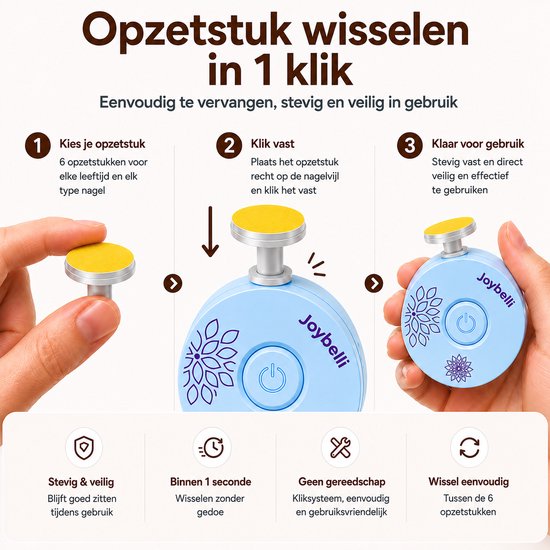 Demonstratie van het wisselen van opzetstukken op de lichtblauwe Joybelli elektrische babynagelvijl.