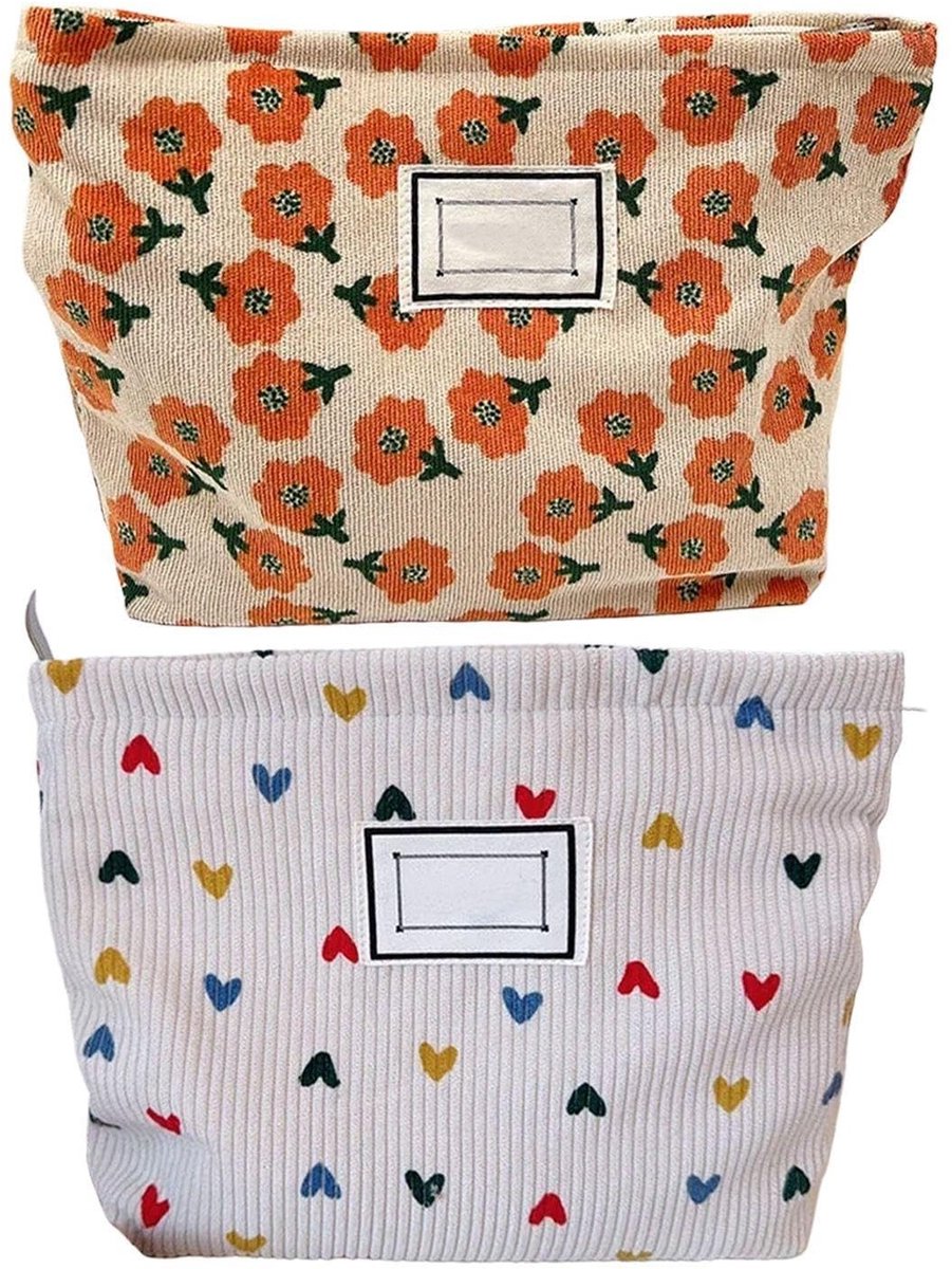 Dailygoods- Toilettas Dames Groot - 2 Stuks - Corduroy - Waterdicht - Cosmetische Tas - Liefdesbloem Ontwerp - 26x18x5.5 Cm - Cosmetica Tas