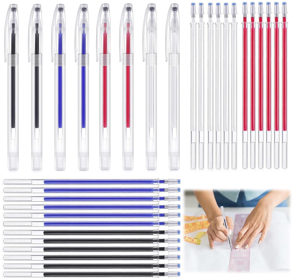 Dailygoods- Stofpen Warmte-uitwisbaar - 4 Kleuren - 32 Vervangbare Vullingen - 0,7 mm Penpunt - Geschikt voor Naaien - Kunststof Materiaal - Textielmarker