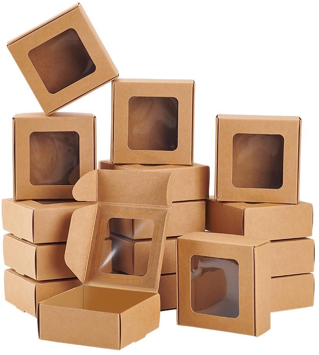 Dailygoods- Geschenkdozen 36 stuks - Bruine Kraftpapieren Dozen - Vouwdozen met Venster - 7,5 x 7,5 x 3 cm - Herbruikbaar - Duurzaam Materiaal - Verpakkingen