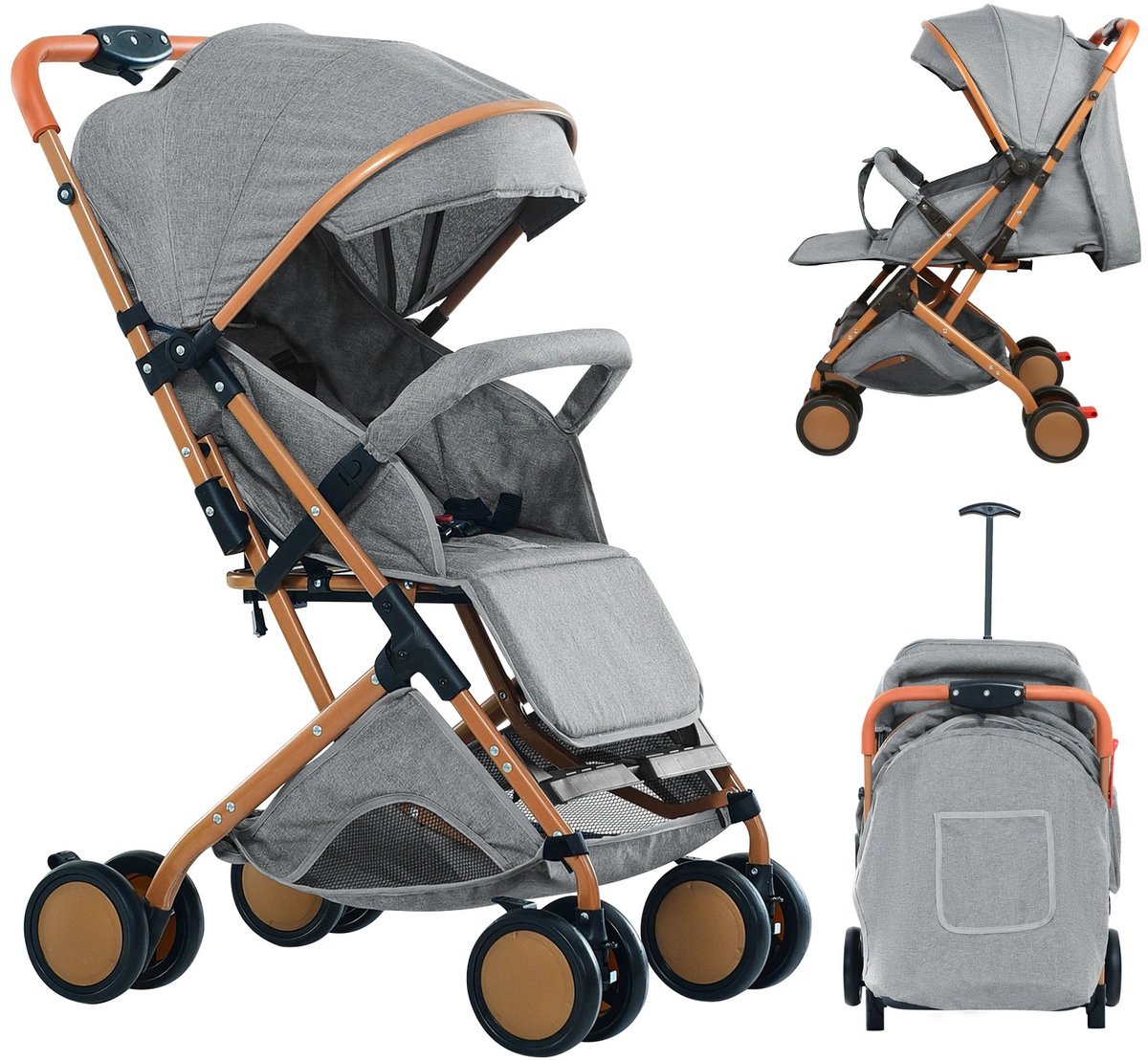 Dailygoods Kinderwagen, trolley met klamboe, tot 20 kg, met opbergmand, 4 wielen, opvouwbare kinderwagen, draagbare kind