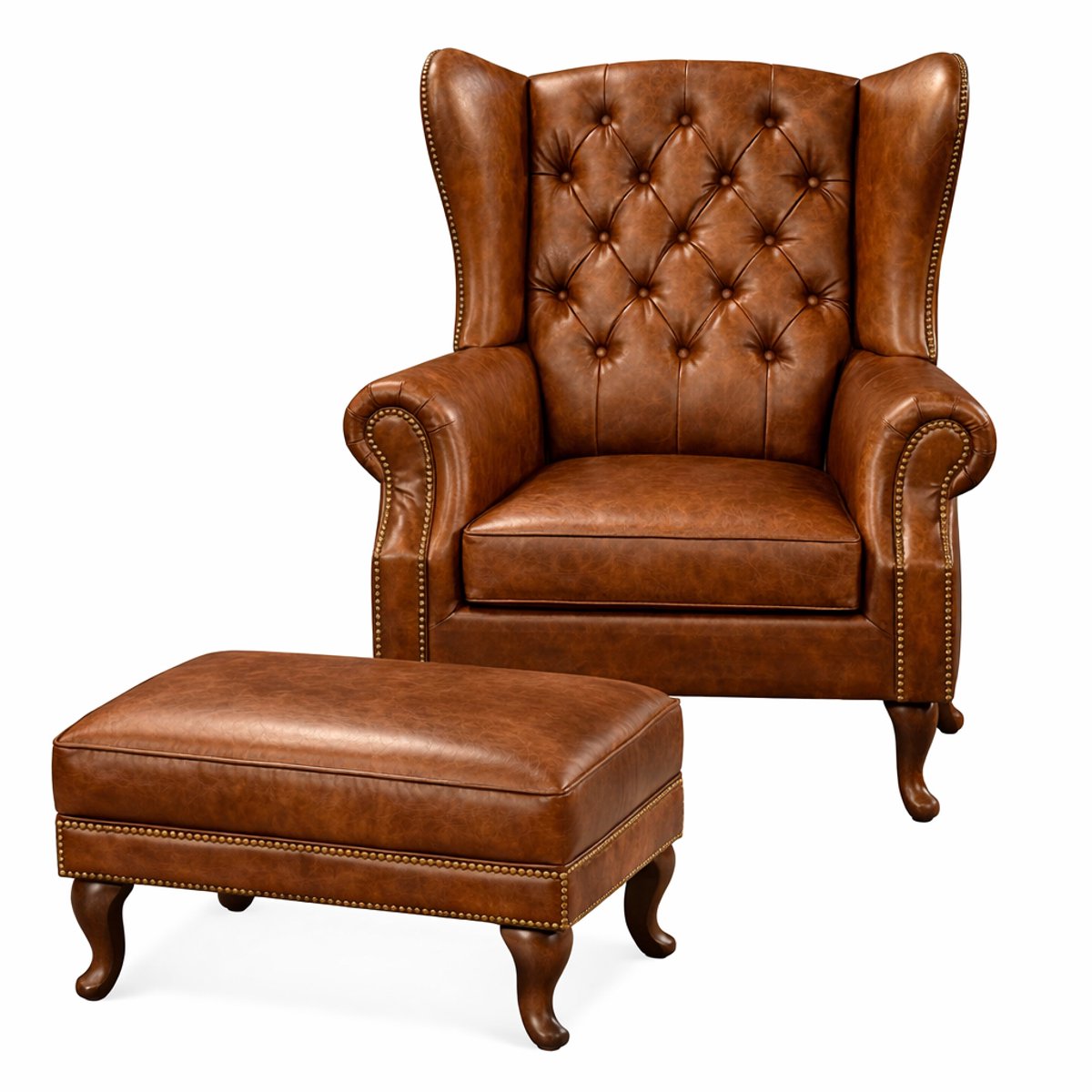 Chesterfield Fauteuil met Hocker - Bruin - Leer - Stoel Chesterfield - Arm Chair - Chesterfield Wing Chair - Set