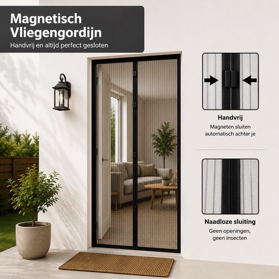 Magnetisch Vliegengordijn 100 x 210 cm - Luxe Deurhor - Zelfsluitend met Sterke Magneten - Hordeur Zonder Boren - Horgordijn Deur - Anti Muggen & Insecten - Zwart — afbeelding 2